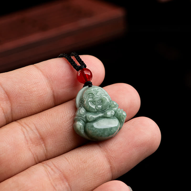 Natural Green Jade Laughing Buddha Luck Abundance Necklace Pendant