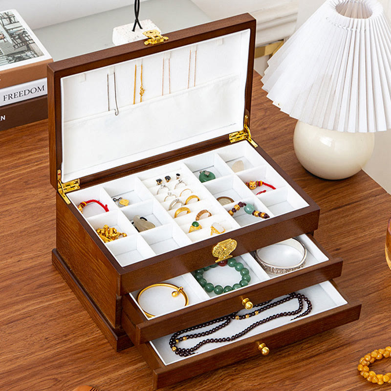 Retro Three-Layer Wooden Jewelry Storage Box & Organizer