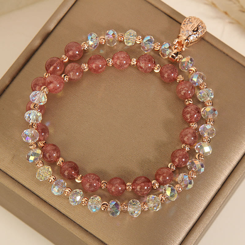 Strawberry Quartz and Clear Quartz Wealth Bag Copper Charm Bracelet for Women
