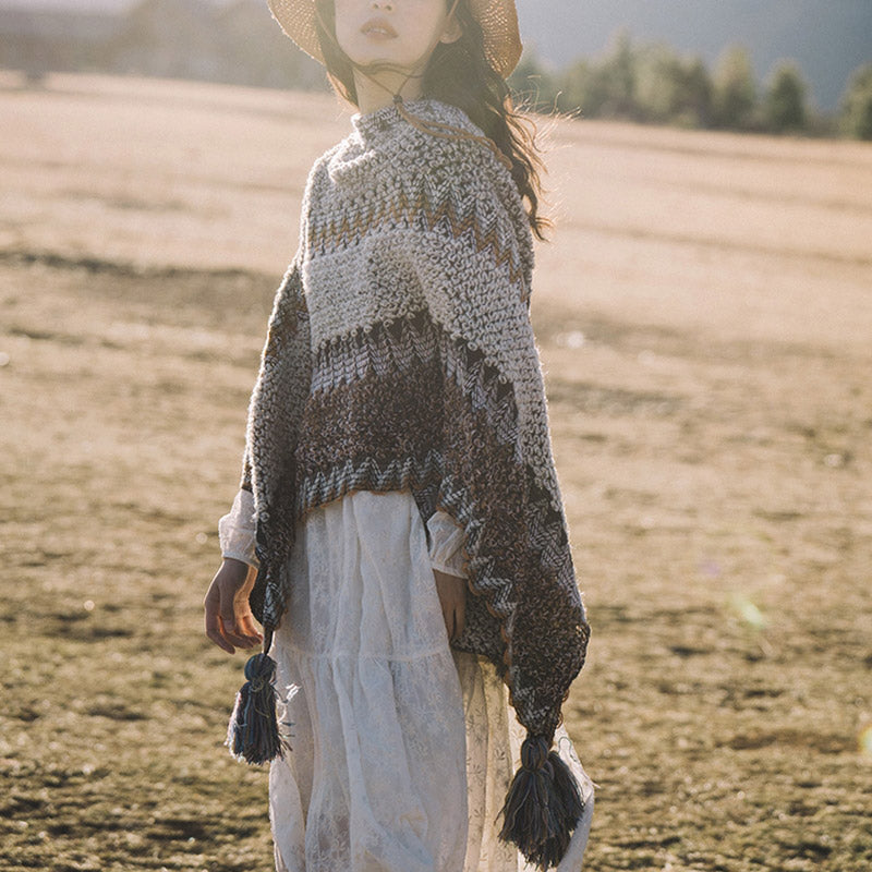 Tibetan Shawl Gray Brown Striped Knitted Tassels Winter Cozy Travel Scarf Wrap