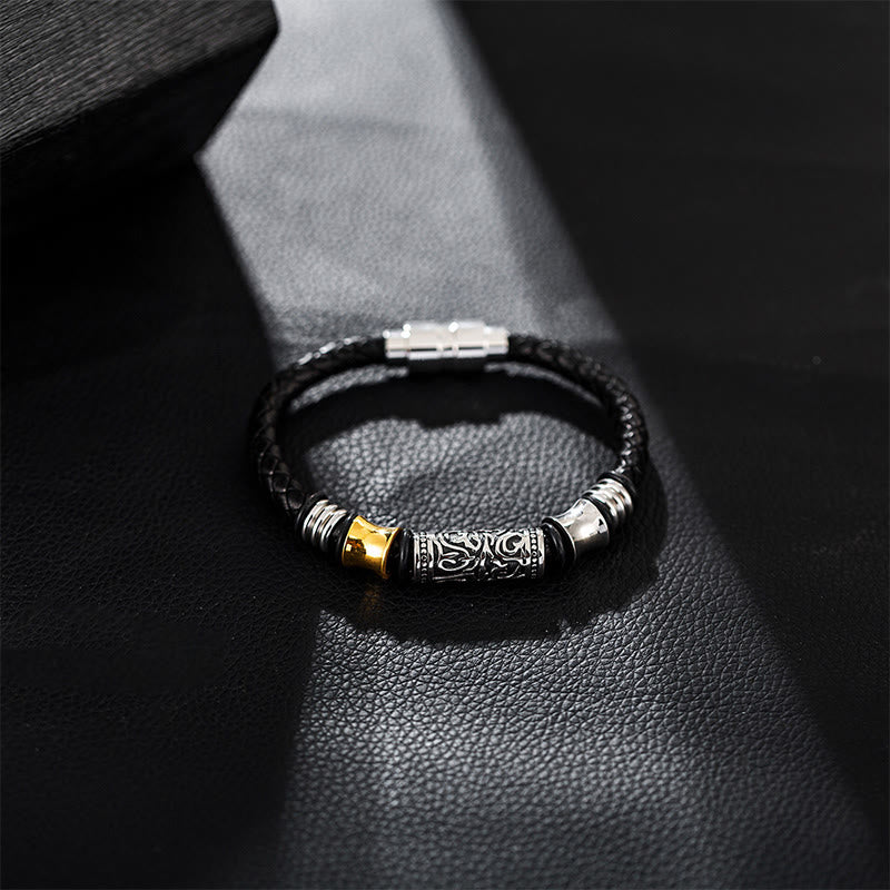 Tang Dynasty Flower Design Luck Stainless Steel Buckle Leather Bracelet