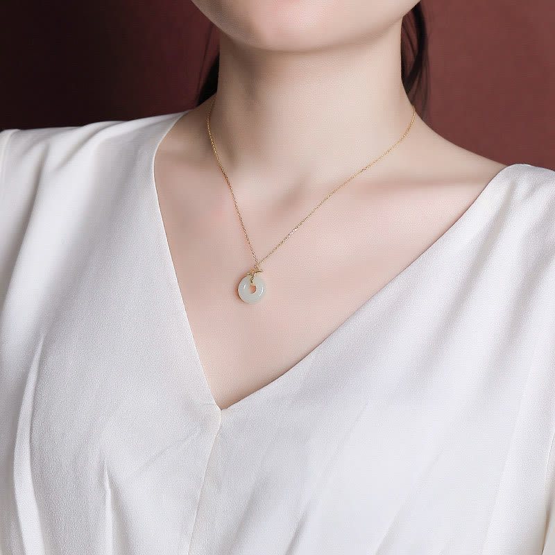 925 Sterling Silver Natural Hetian Jade Ginkgo Leaf Peace Buckle Luck Necklace Pendant