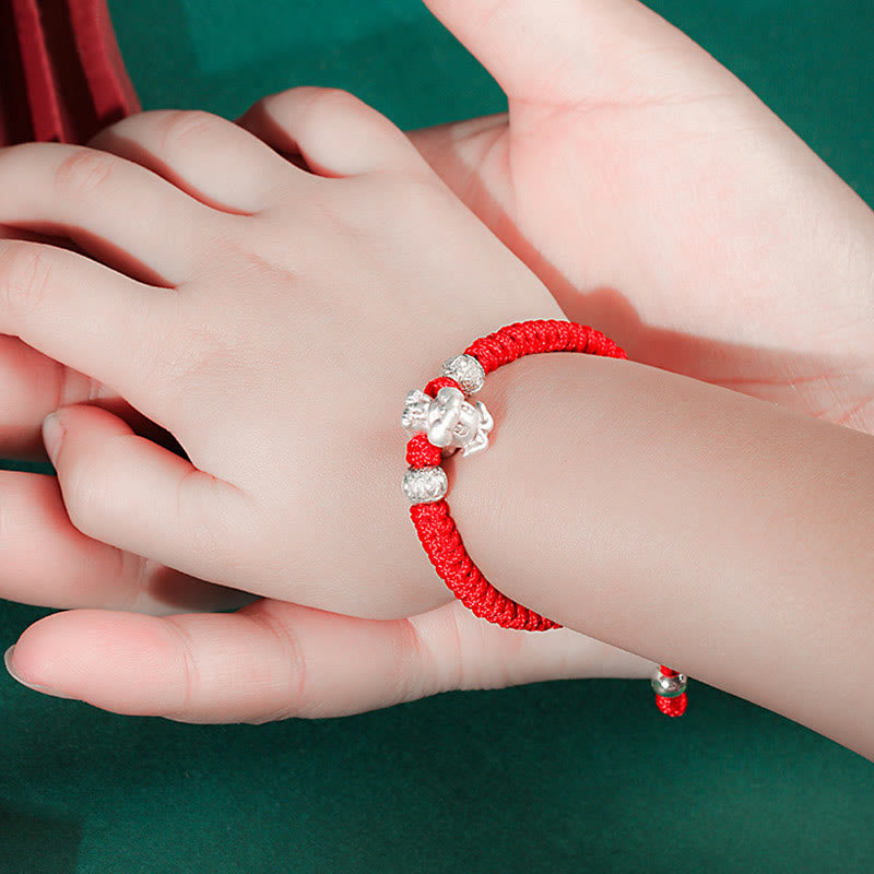 Handcrafted 999 Sterling Silver Chinese Zodiac Vajra Knot Red String Kids Bracelet