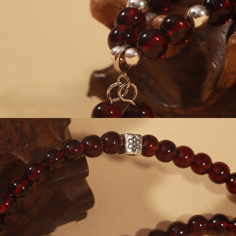 925 Sterling Silver Natural Garnet Cat Eye Protection Triple Wrap Bracelet