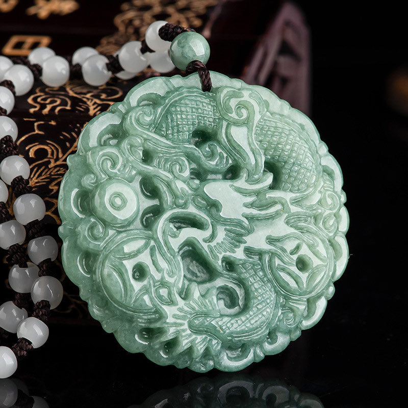 Chinese Zodiac Dragon Jade Fortune Necklace String Pendant