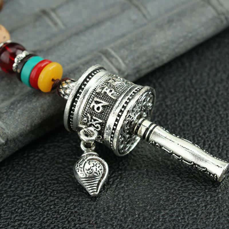 Tibetan Om Mani Padme Hum Prayer Wheel Rotation Vajra Wood Necklace Pendant