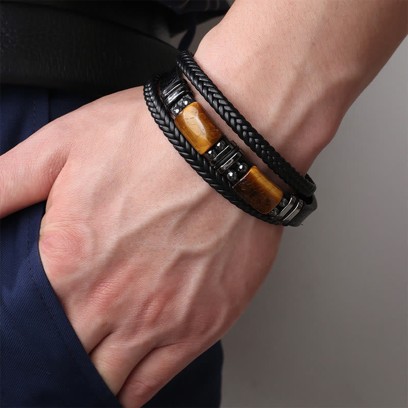 Tiger Eye Power Magnetic Buckle Multilayered Leather Bracelet