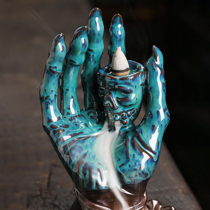 Ceramic Skull and Skeletal Hand Backflow Incense Burner for Atmospheric Meditation