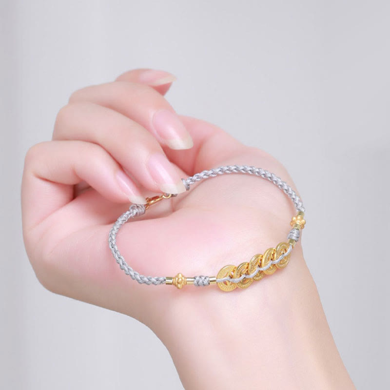 Handcrafted Blue Braided Rope Bracelet with Pearl, Copper Coin & Tree of Life