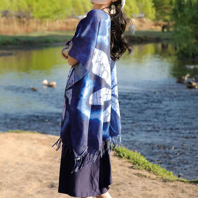 Artisanal Blue Batik Maple Leaf Mindful Travel Shawl Pullover