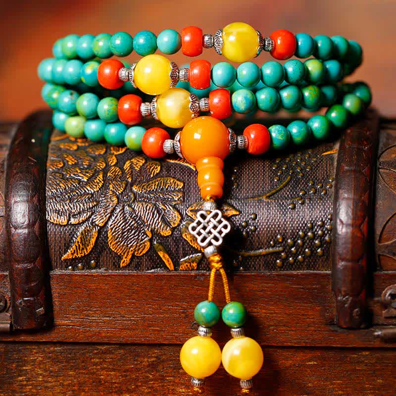 108 Tibetan Turquoise Amber and Dzi Bead Meditation Mala Bracelet