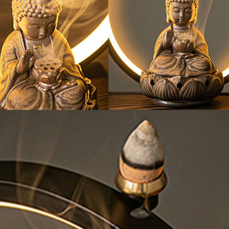 Handcrafted Ceramic Buddha Lotus Backflow Smoke Fountain Incense Burner with Light for Meditation & Yoga