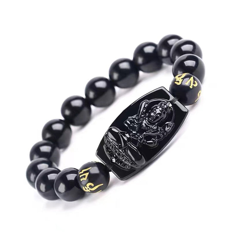 Hand-Carved Black Obsidian Om Mani Padme Hum Chinese Zodiac Beaded Bracelet