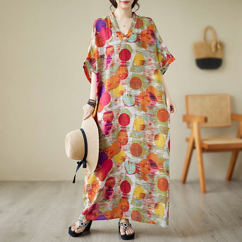 Orange Blue Colorful Polka Dots Midi Dress Cotton Half Sleeve Dress With Pockets