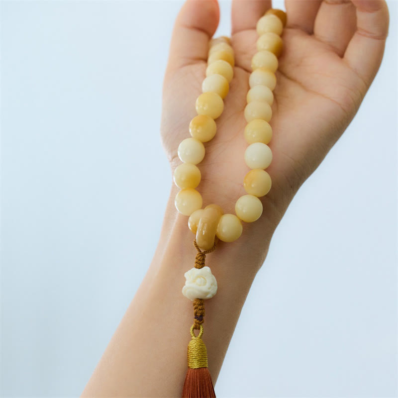 Natural Bodhi Seed Ivory Fruit Dancing Lion Charm Harmony Tassel Wrist Mala