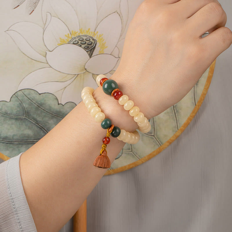 Natural Bodhi Seed and Lotus Pod Charm Double Wrap Mindfulness Bracelet
