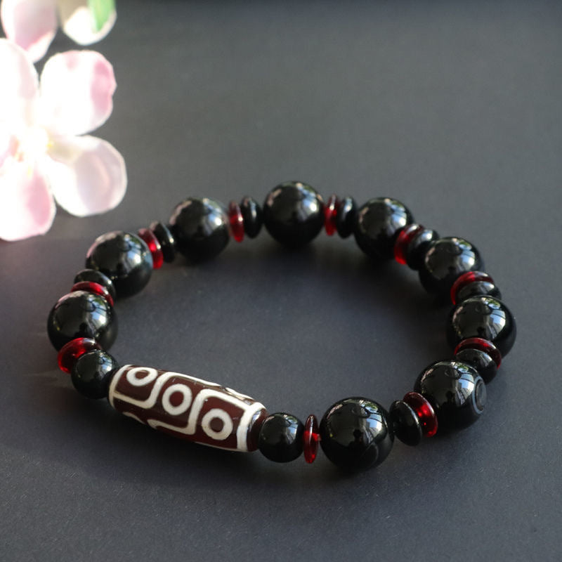 Black Onyx Nine-Eye Dzi Bead Wealth Protection Bracelet