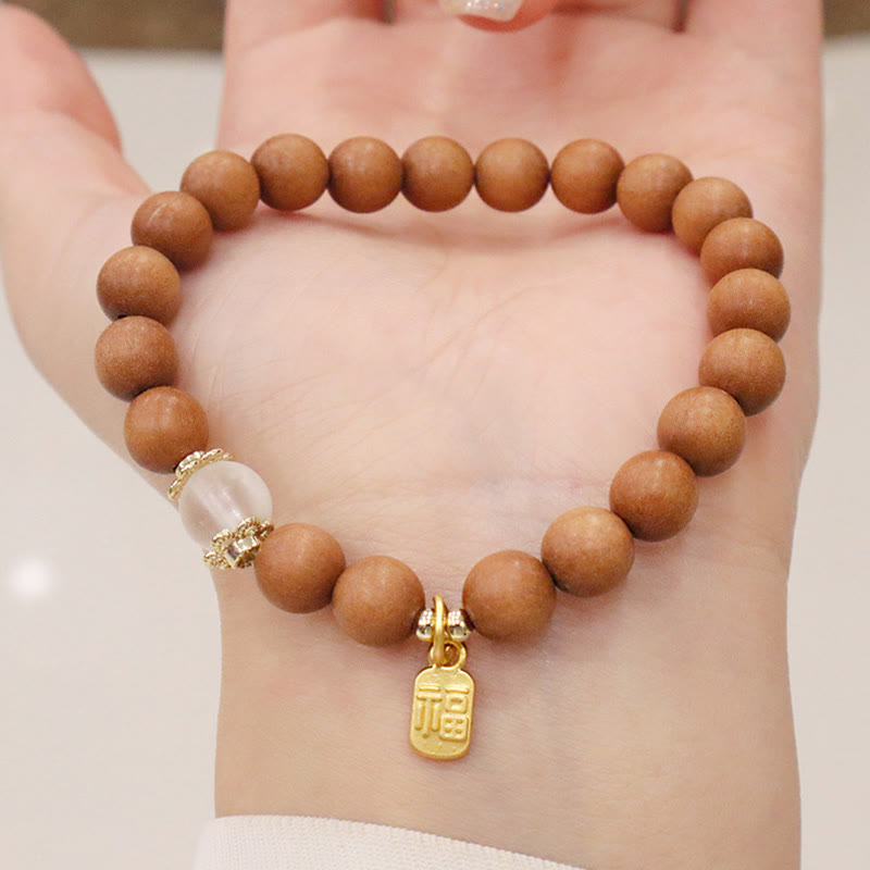 Sandalwood Cat's Eye Fu Character Charm Protection Bracelet