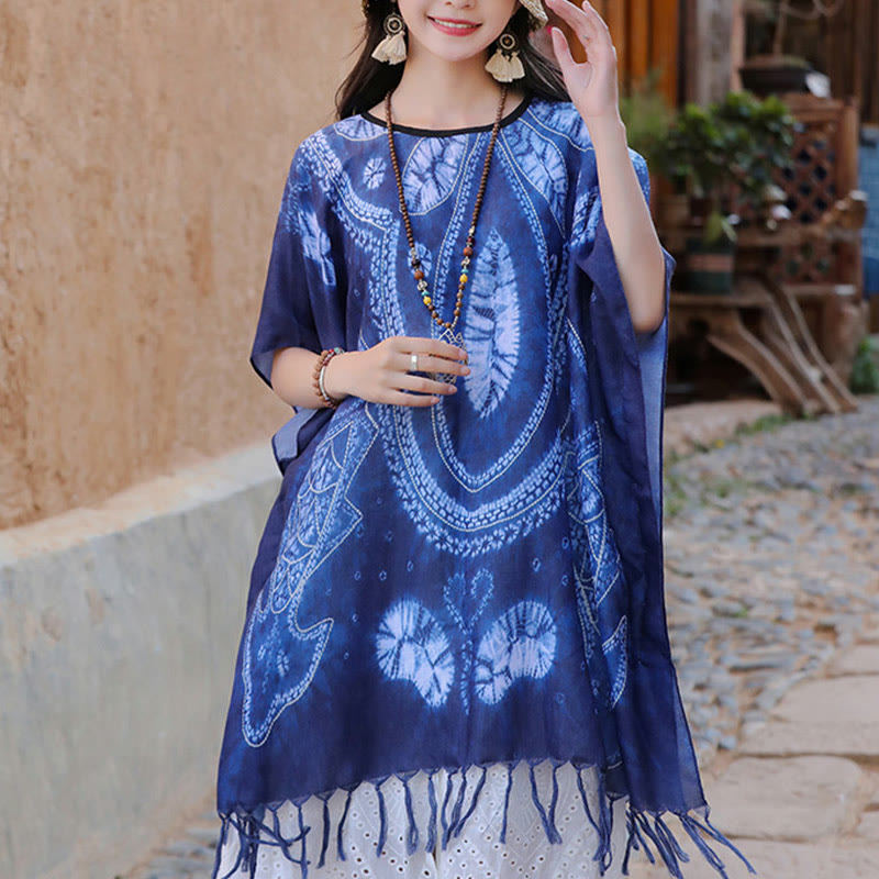 Blue Geometric Batik Draped Travel Meditation Shawl