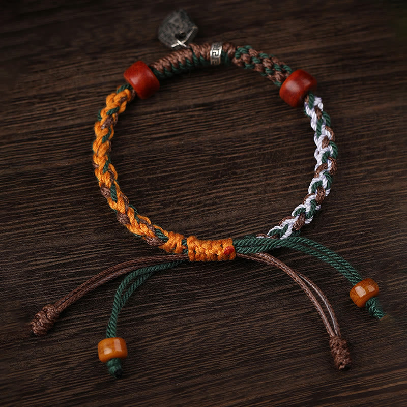 Handmade Tibetan Silver 925 Sterling Silver Zakiram Goddess of Wealth Camel Bone Protection Braided Bracelet