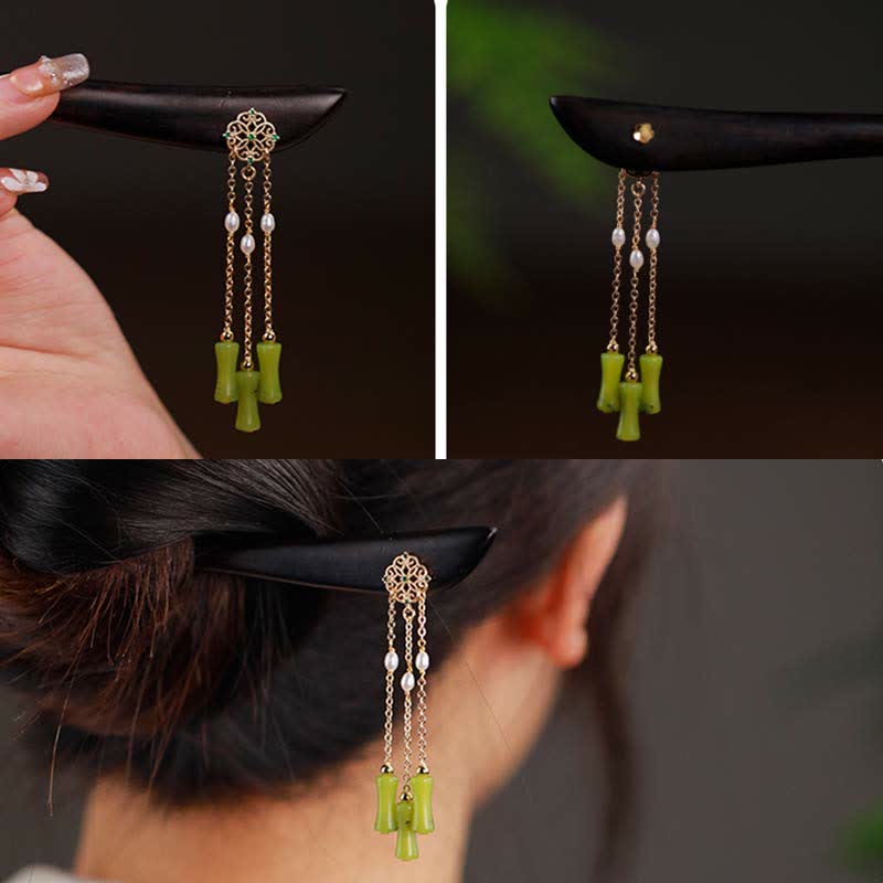 Natural Peridot Ebony Wood Love Tassels Hairpin