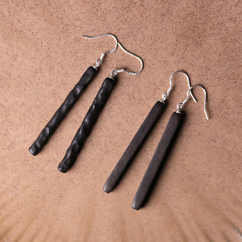 925 Sterling Silver Ebony Wood Texture Balance Peace Drop Dangle Earrings