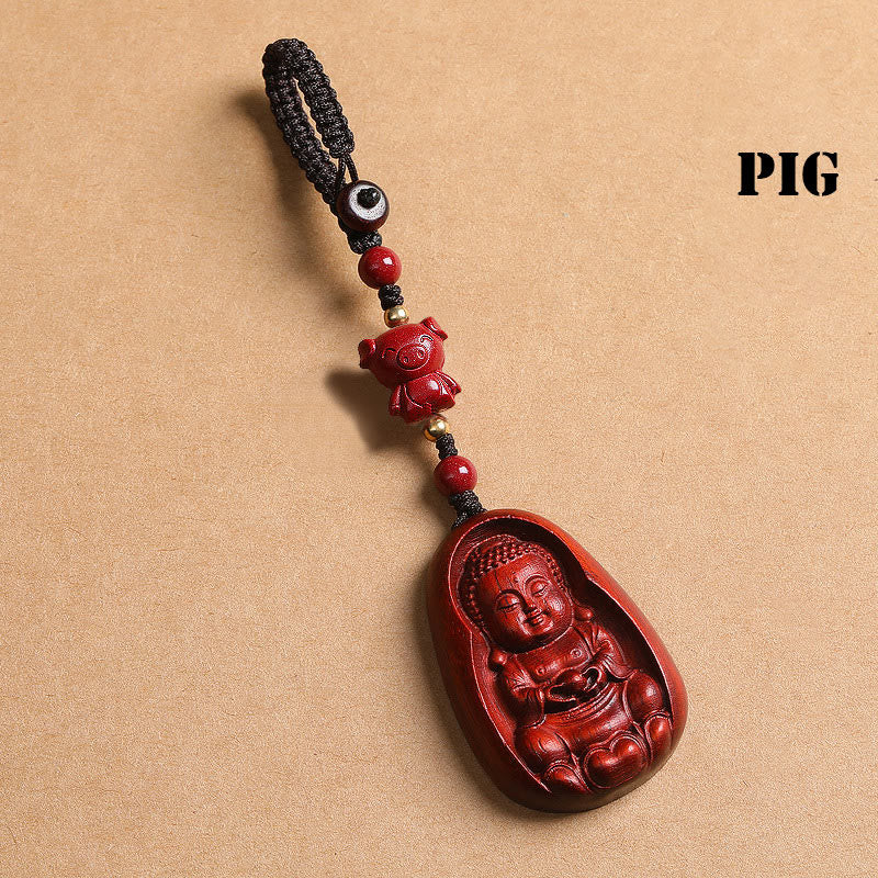Small Leaf Red Sandalwood & Cinnabar Buddha Chinese Zodiac Carved Keychain