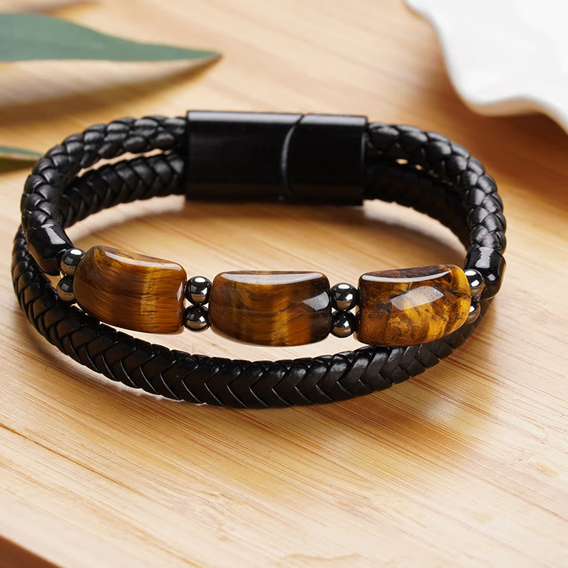 Natural Tiger Eye and Hematite Leather Bracelet with Magnetic Buckle