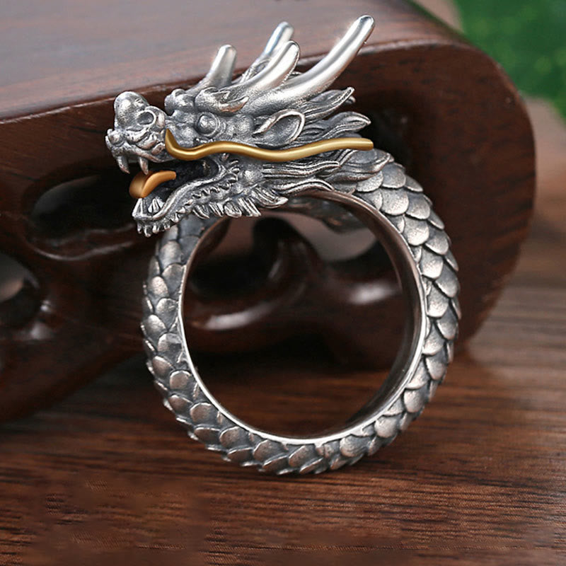 925 Sterling Silver Vintage Dragon Design Protection Strength Adjustable Ring
