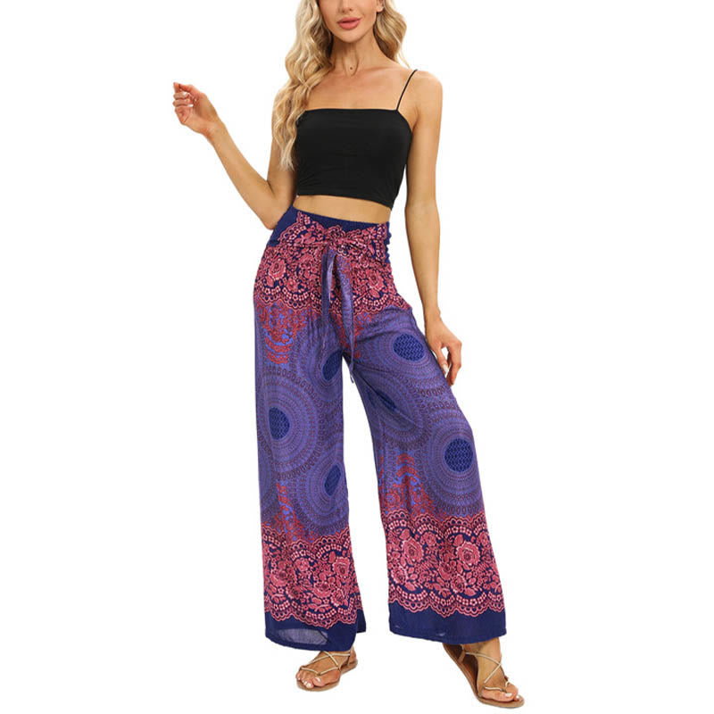 Bohemian Compass Flower Print Lace-up Wide Leg Pants Women's Yoga Pants