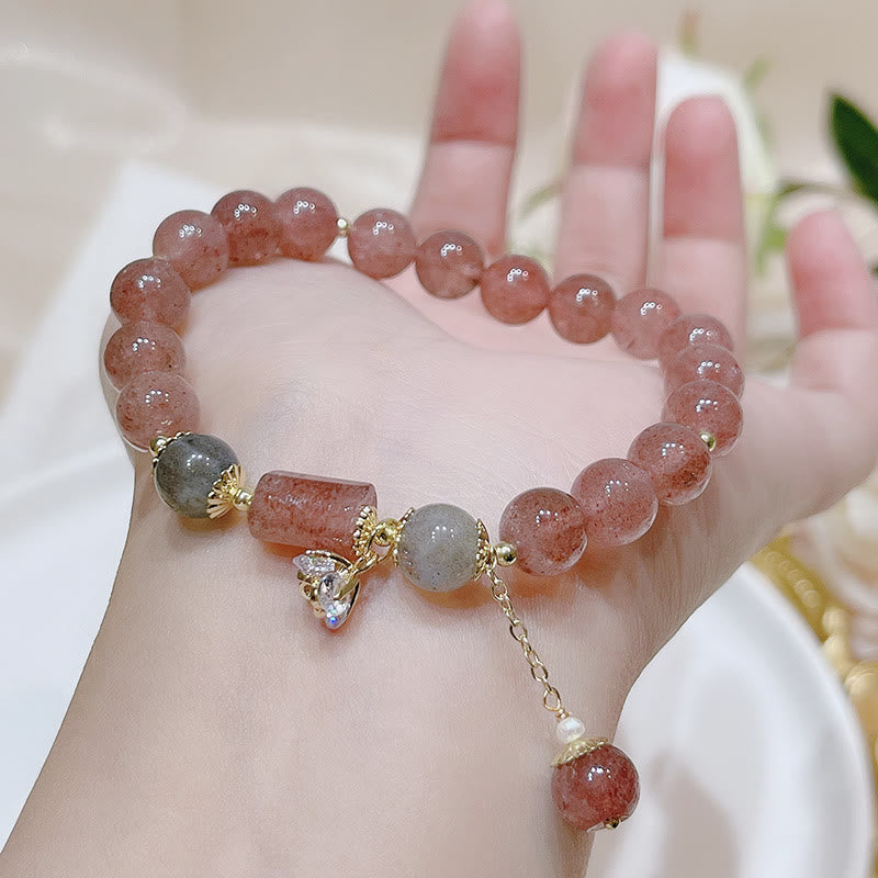 Natural Strawberry Quartz and Moonstone Stretch Gemstone Bracelet