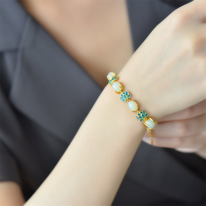 White Jade Cyan Jade Lotus Protection Bracelet