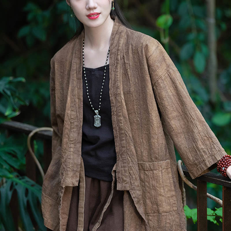 Hanfu Design Three Quarter Sleeve Ramie Linen Coat Open Front Top Jacket