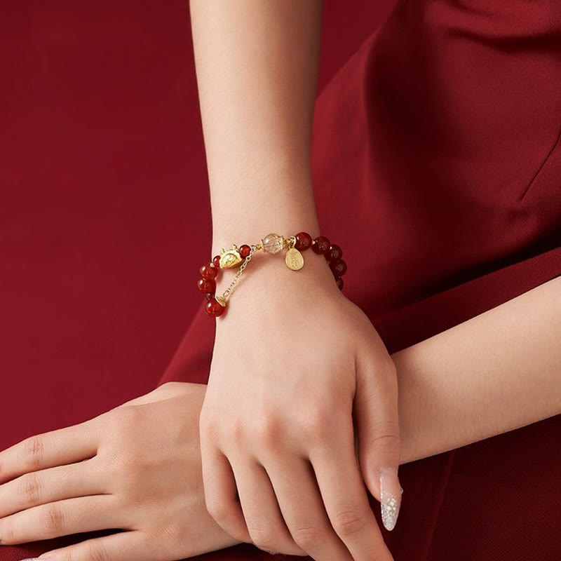 Year of the Dragon Dumpling Natural Red Agate Garnet Hetian Jade Fu Character Luck Success Bracelet