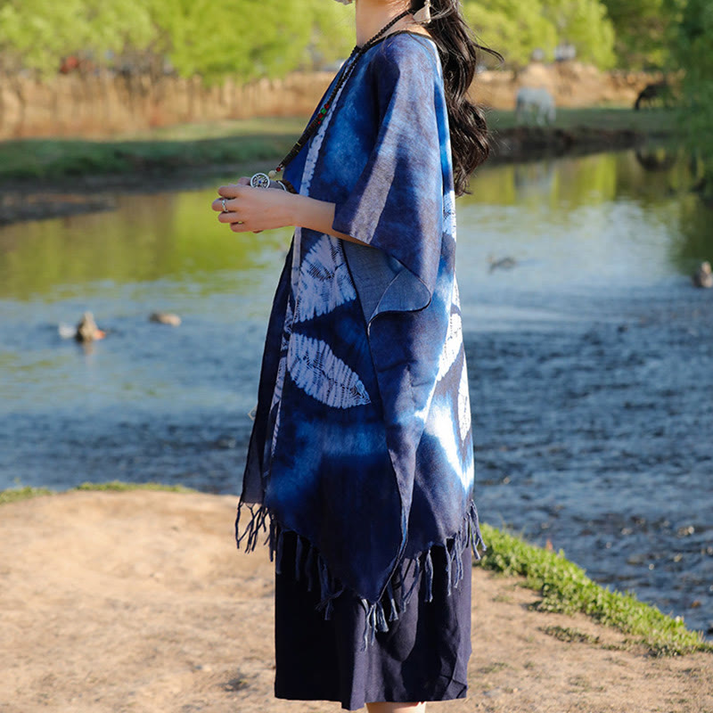 Artisanal Blue Batik Maple Leaf Mindful Travel Shawl Pullover