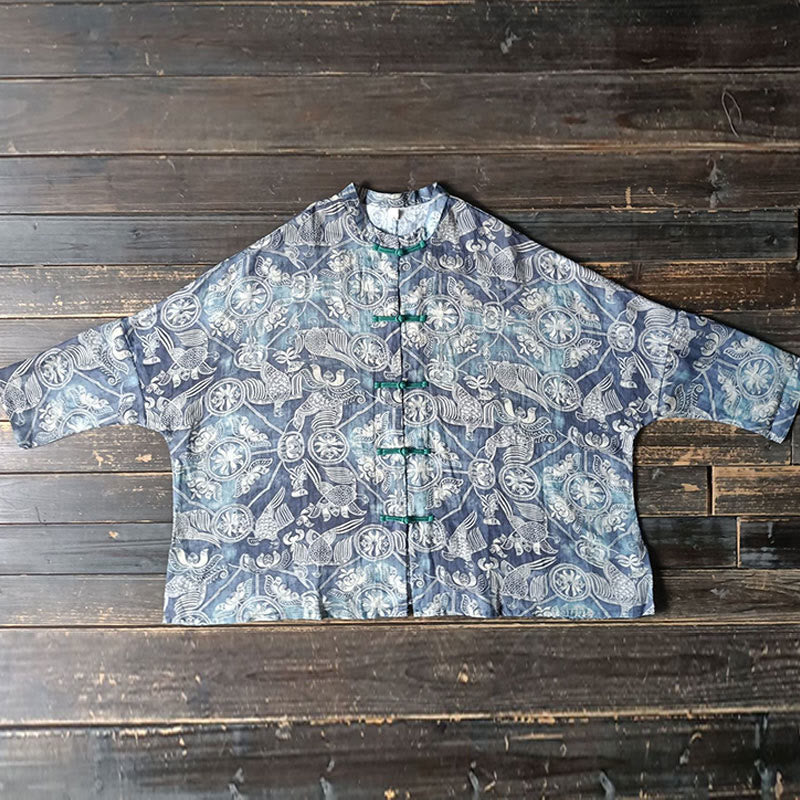 Birds Flowers Geometry Frog-Button Long Sleeve Ramie Linen Jacket Shirt