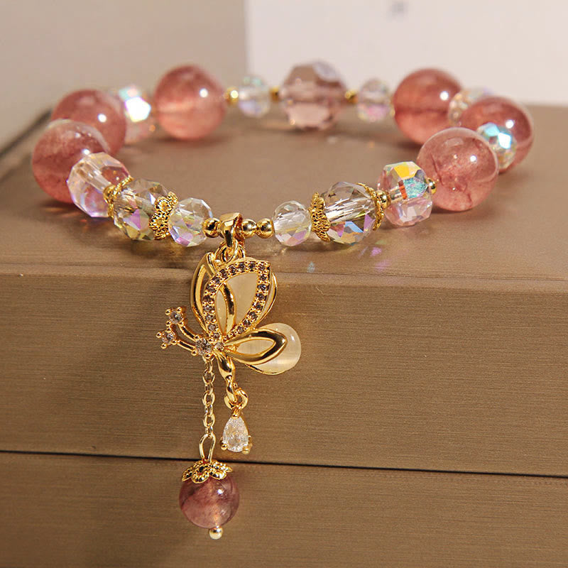 Natural Strawberry Quartz Healing Positive Butterfly Charm Bracelet