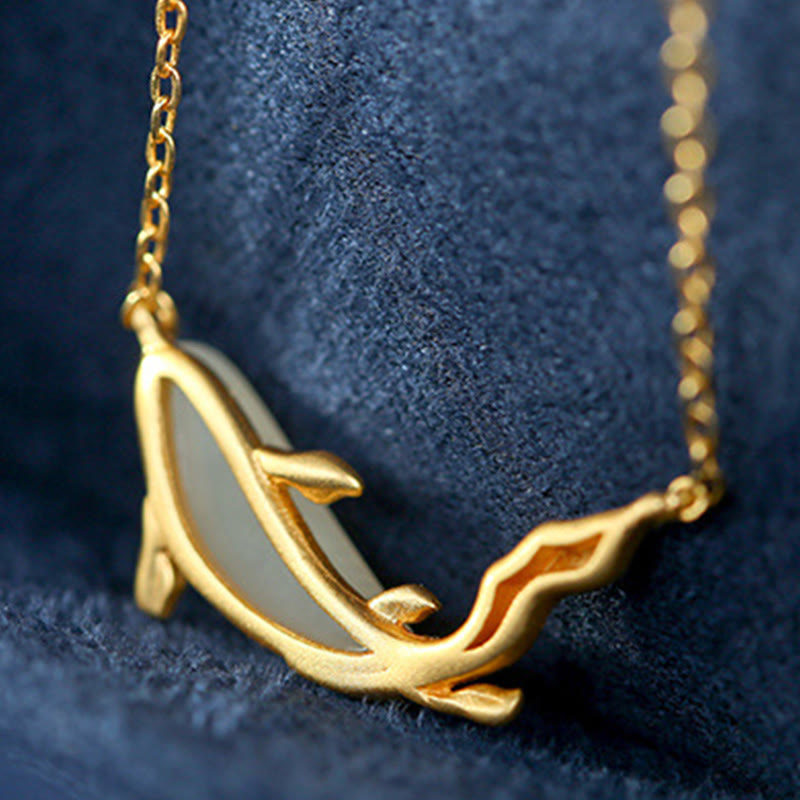 925 Sterling Silver White Jade Dolphin Luck Necklace Pendant