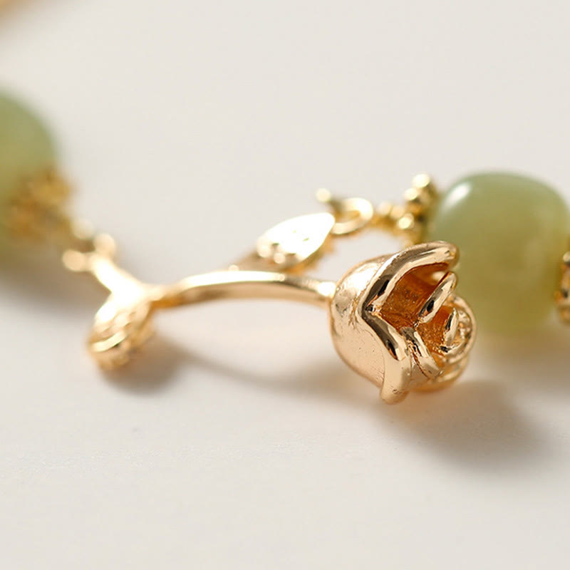 14K Gold Plated Hetian Jade Golden Rose Flower Luck Chain Bracelet