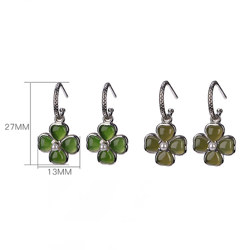 Natural Jade and 925 Sterling Silver Four-Leaf Clover Stud Earrings