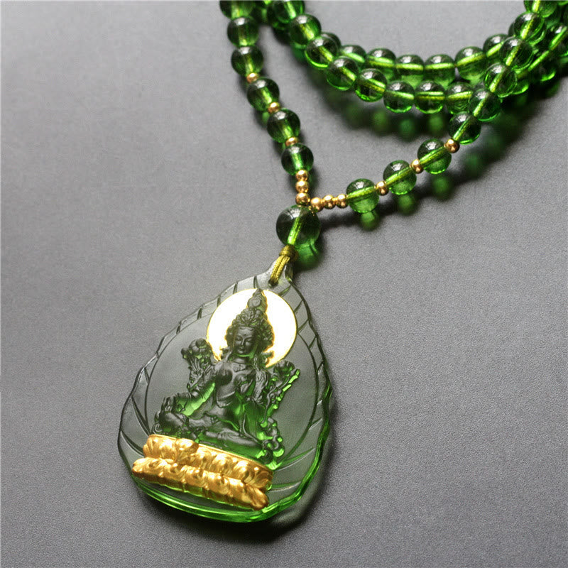 Tibetan Gold Plated Liuli Crystal Green Tara Buddha Pendant Necklace