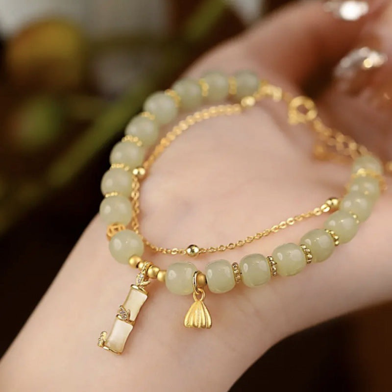 Natural Hetian Jade Prosperity Lotus Bamboo Charm Bracelet