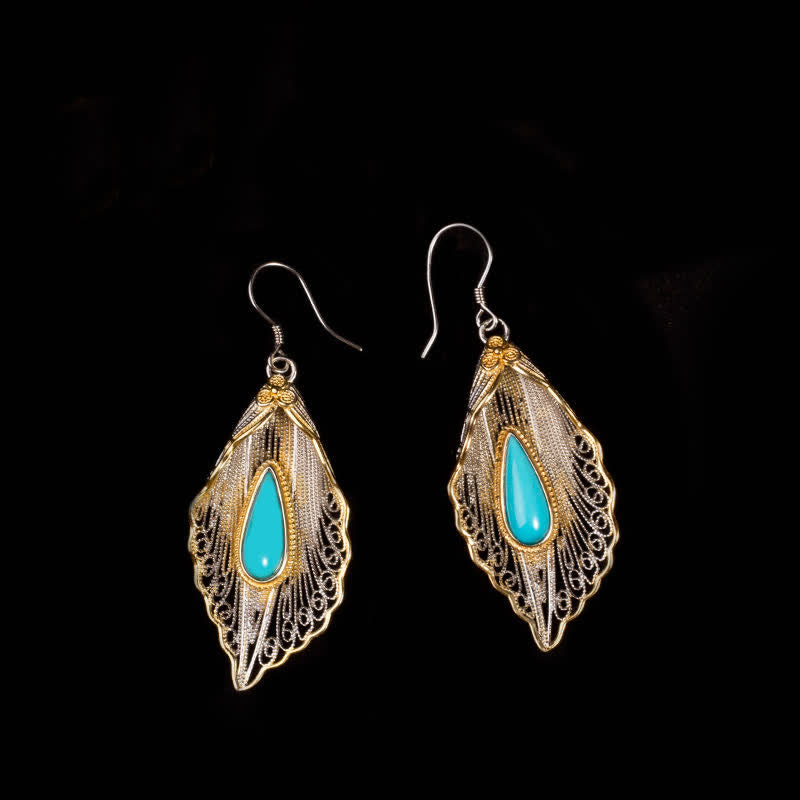 Bodhi Leaf Pattern 925 Sterling Silver Turquoise Dangle Drop Earrings