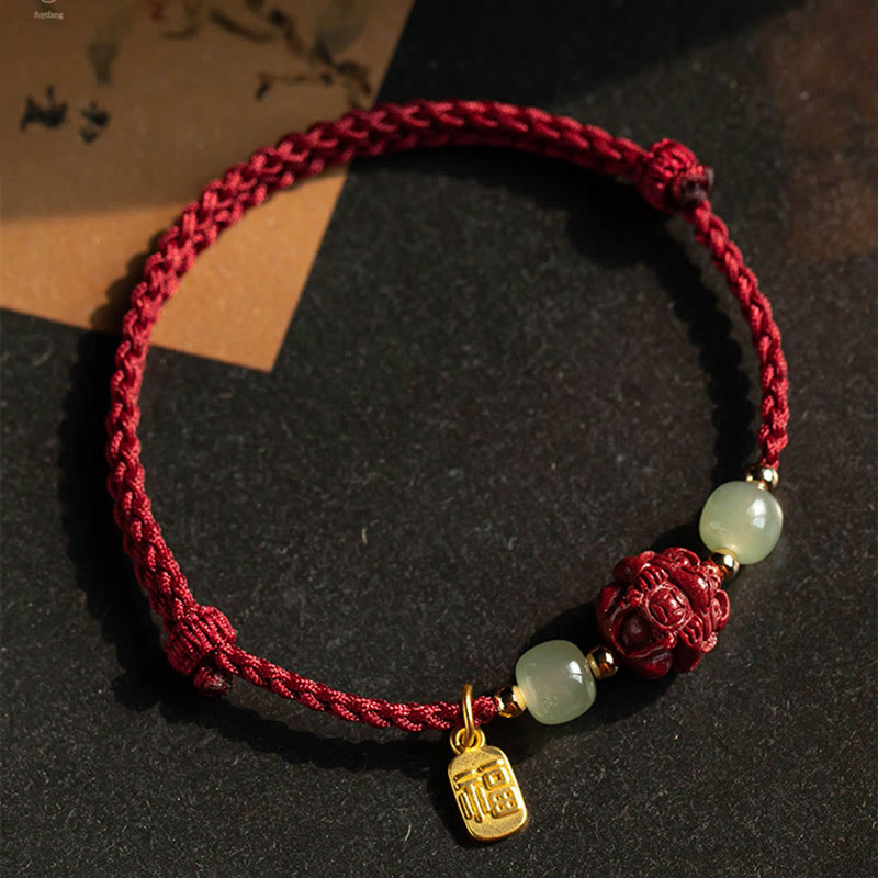 Handmade Cinnabar & Hetian Jade Sterling Silver Chinese Zodiac Fu Red String Bracelet