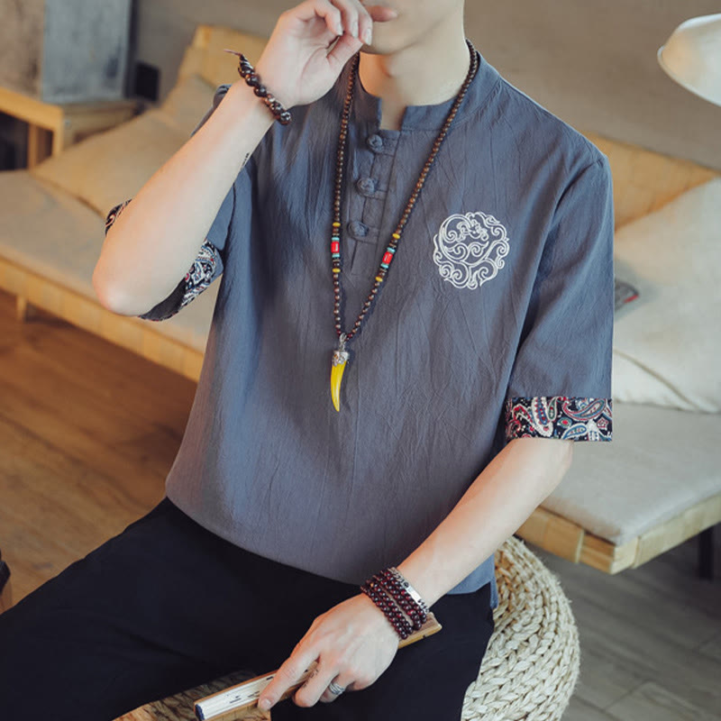 Frog-Button Dragon Embroidery Chinese Tang Suit Short Sleeve Shirt Linen Men Clothing