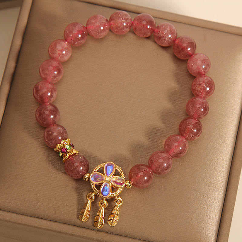 Natural Strawberry Quartz Four Leaf Clover Dreamcatcher Charm Love Bracelet