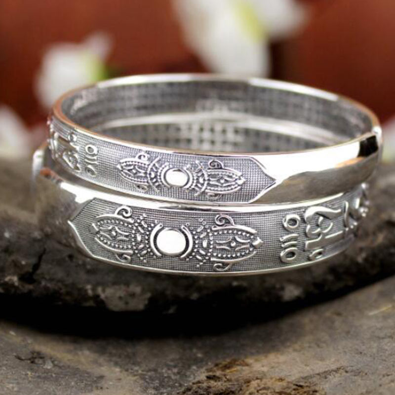 Tibetan White Copper & Sterling Silver Om Mani Padme Hum Sanskrit Engraved Meditation Bangle