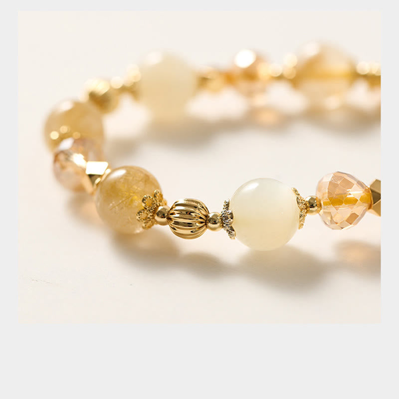 14K Gold Plated Golden Rutilated Quartz Wealth Bell Lucky Fortune Charm Bracelet