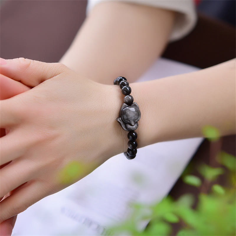 Natural Silver Sheen Obsidian Hand-Carved Fox Beaded Elastic Bracelet