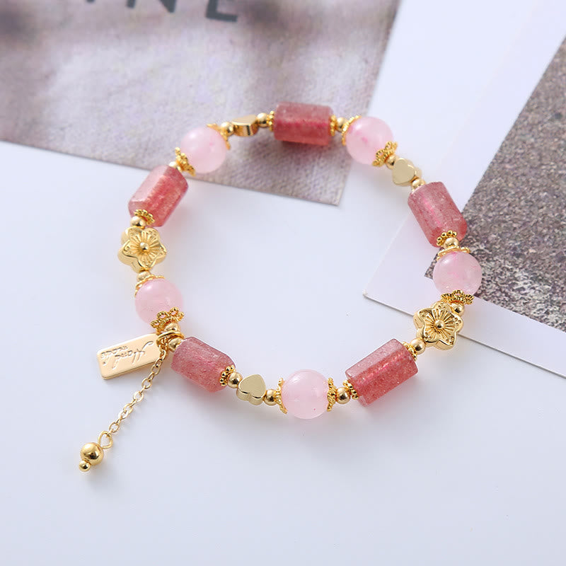 Strawberry Quartz and Pink Crystal Heart Flower Energy Bracelet for Women